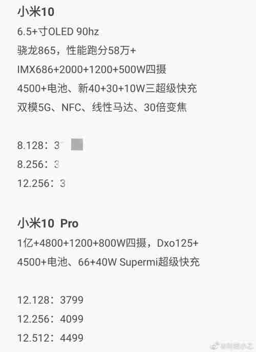 全小米MI 10和MI 10 PRO规格和价格泄漏，一起推出