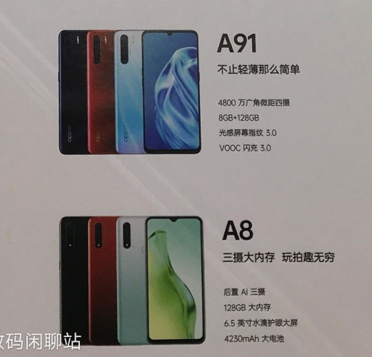 Oppo A91和A8表面的图像，也是Geekbench记分卡