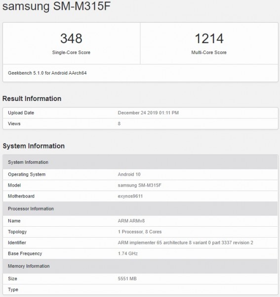 三星Galaxy M31通过GeekBench与Exynos 9611 SoC