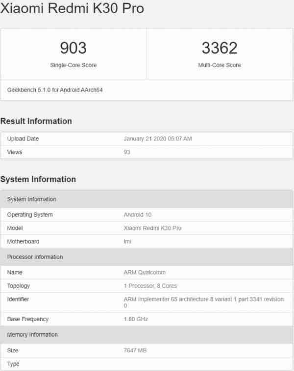 Redmi K30 Pro在GeekBench上弯曲Snapdragon 865和8GB的RAM