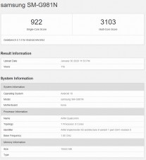 所有三个三星Galaxy S20手机都通过GeekBench，配有S865芯片，12GB的RAM