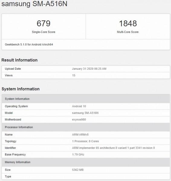 三星Galaxy A51 5G访问GeekBench