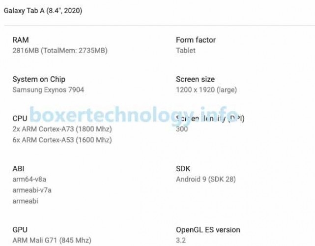 三星Galaxy Tab A 8.4（2020）规格和渲染表面