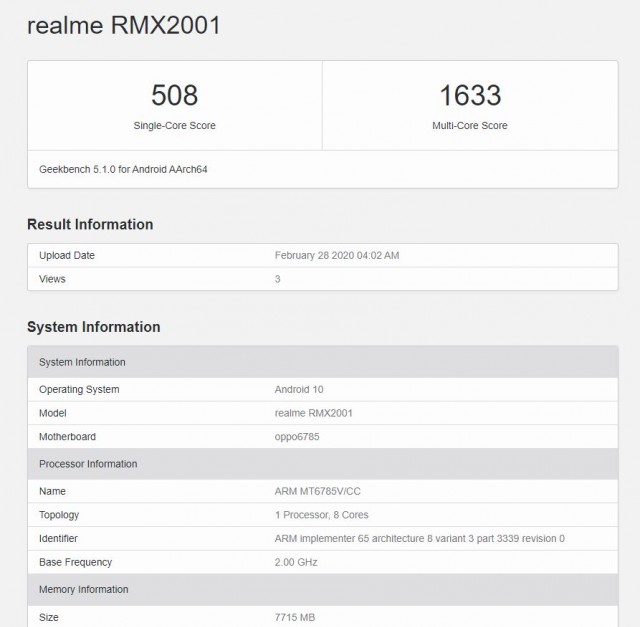 Realme 6弹出Geekbench Sporting Helio G90芯片组和8GB Ram