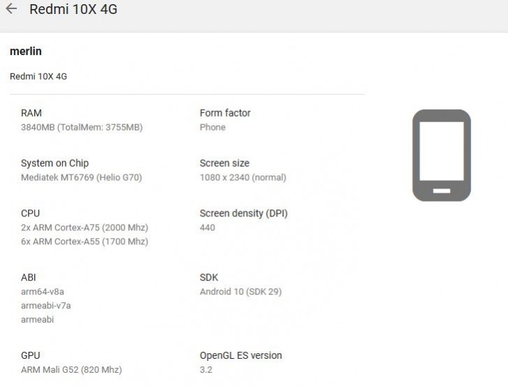 Google Play控制台上市的Redmi 10x，规格略低于预期