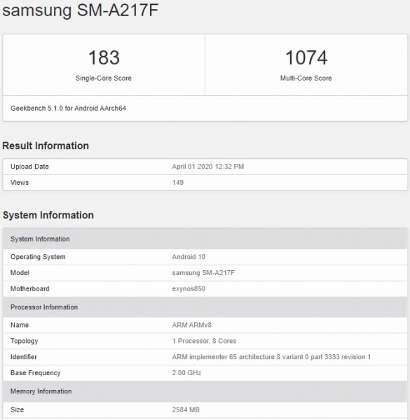 三星Galaxy A21S与Exynos 850 SoC访问GeekBench