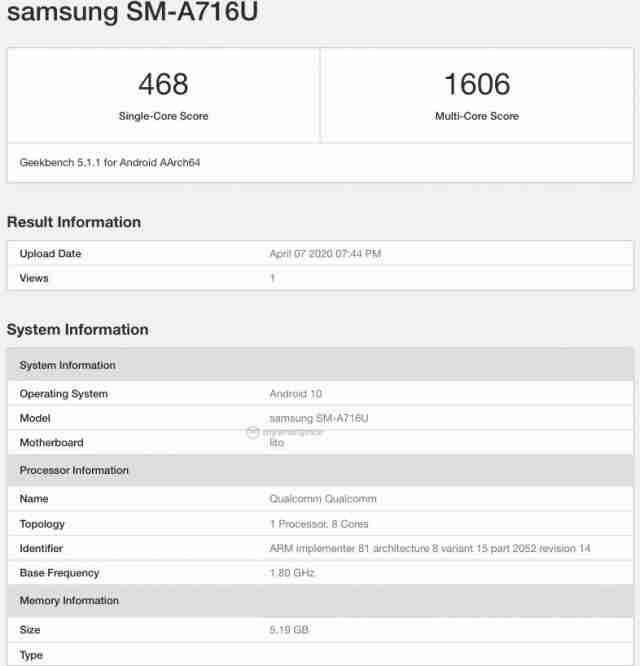 三星Galaxy A71 5G通过高通芯片组穿过GeekBench