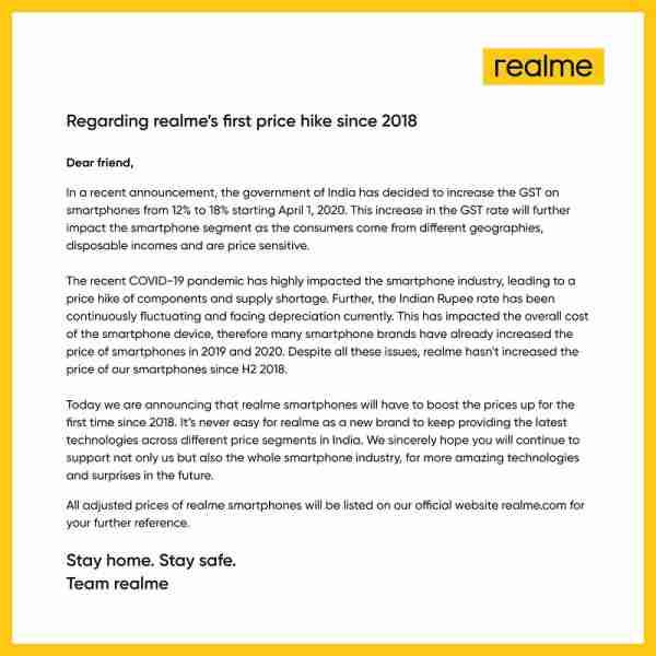 Realme智能手机在GST增加后获得印度的肋骨