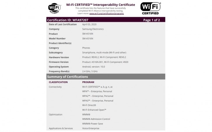 三星Galaxy A51 5克右侧，获取Wi-Fi认证