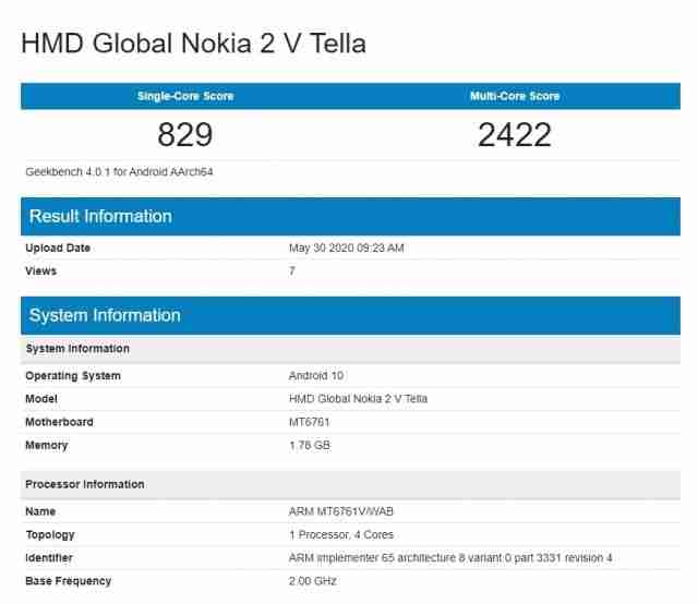 入门级诺基亚2V Tella出现在GeekBench上