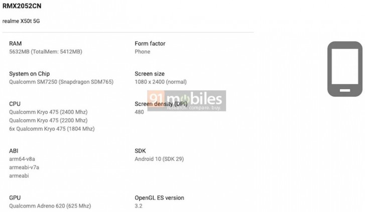 realme x50t 5g出现在google play控制台上，带有钥匙规格