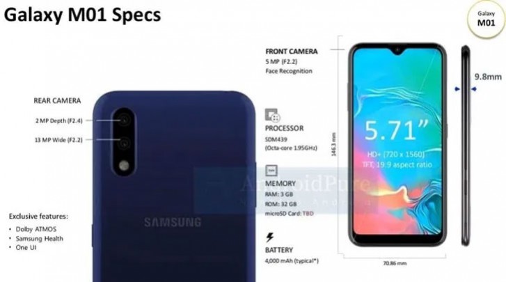 三星Galaxy M01用规格和尺寸泄漏