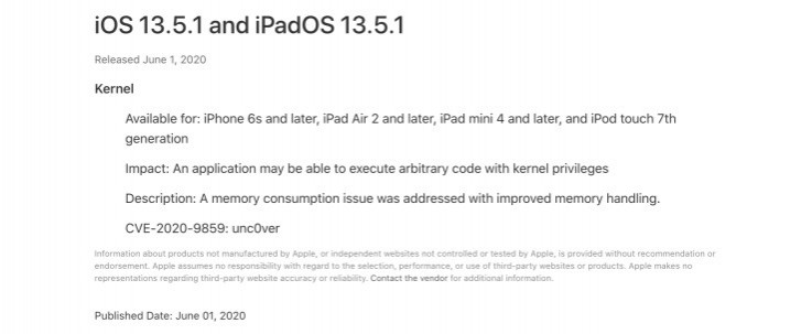 IOS 13.5.1是解决了一个缺陷，即启用越狱，iPados 13.5.1和Watchos 6.2.6加入它