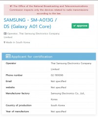 三星Galaxy A01核心由泰国的NBTC认证