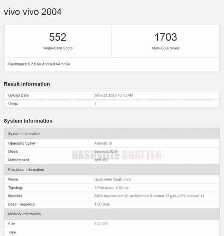 Vivo 2004中午使用SD675，8GB RAM出现在GeekBench上