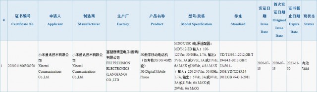 Xiaomi手机用5G和120W充电器获得认证