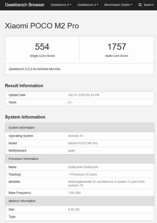 POCO M2 PRO出现在GeekBench中，带6GB的RAM和Snapdragon 720