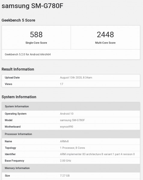 三星Galaxy S20 Fan Edition在Geekbench上用Exynos 990 SoC弹出