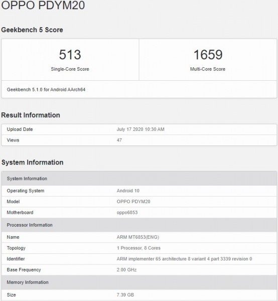 OPPO A72 5G通过GeekBench揭示了关键规格