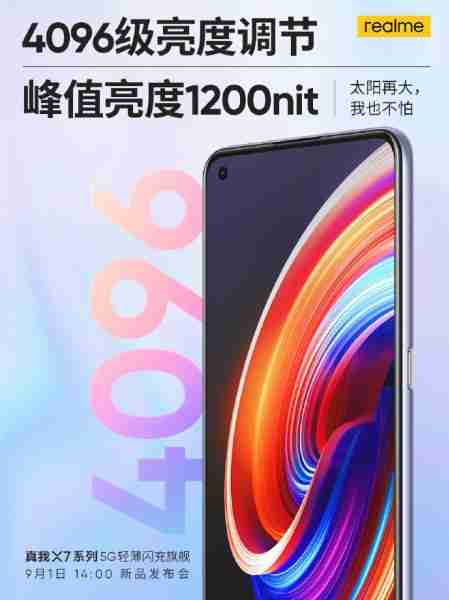 Realme x7系列将打包一个打孔孔，1,200个亮度