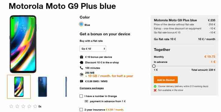 Moto G9 Plus在移动运营商的网站，Specs和Price中列出