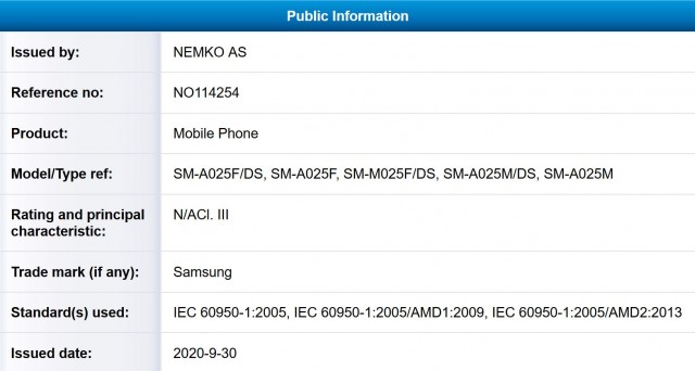 Samsung Galaxy M02和A02认证列表中的弹出窗口