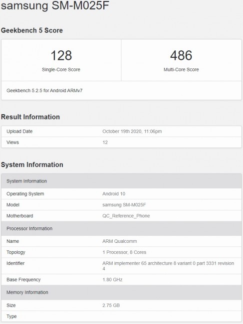 三星Galaxy M02访问GeekBench