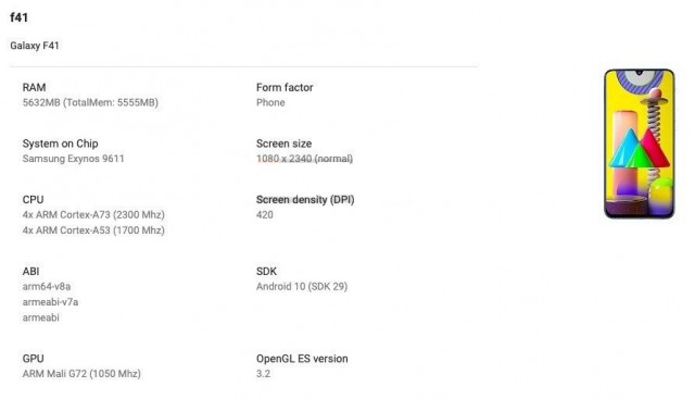 Samsung Galaxy F41的Exynos 9611由Google Play控制台公开