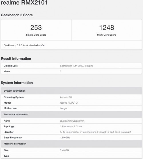 Realme C17出现在Geekbench上，Snapdragon 460