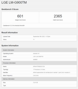 T-Mo的LG天鹅绒延伸Geekbench，提供尺寸1000C性能的首次瞥见