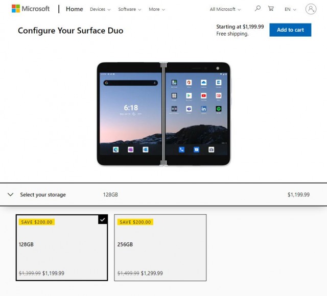 微软的Surface Duo现在从1,199美元开始