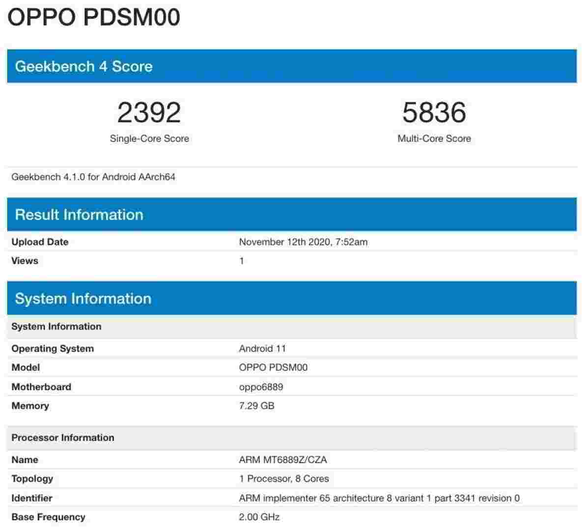 oppo手机在Geekbench上弹出尺寸1000，看起来像Reno5 Pro 5G
