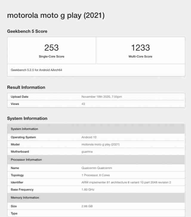 摩托罗拉Moto G Play（2021）通过GeekBench通过