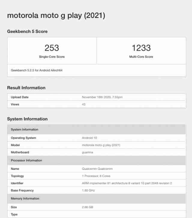 摩托罗拉Moto G Play（2021）通过GeekBench通过