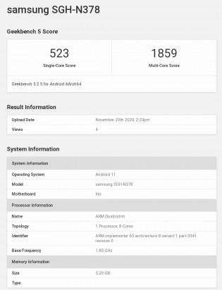 装备5G的三星SGH-N378在GeekBench运行Snapdragon 750G上发现
