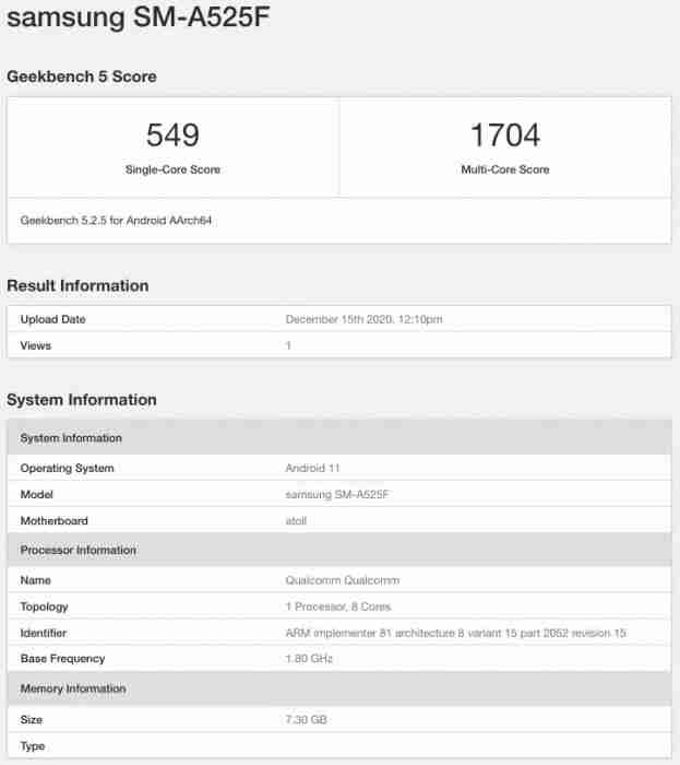 三星Galaxy A52 4G通过GeekBench与Snapdragon 720G