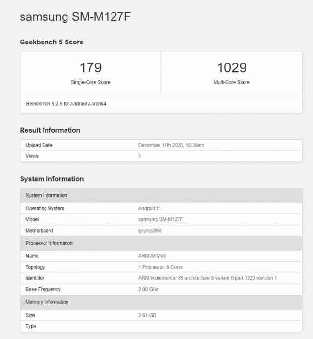 三星Galaxy M12通过Geekbench与Exynos 850通行