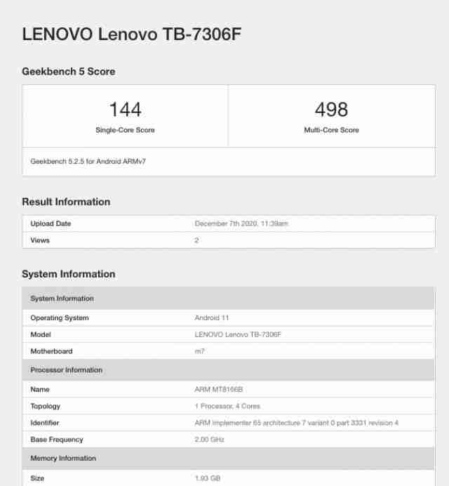 即将到来的联想标签与Android 11发现geekbench