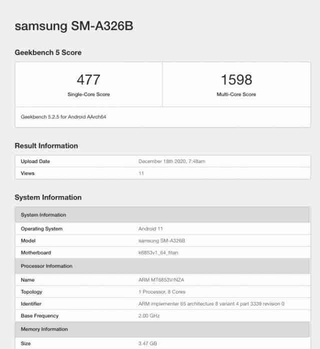 三星Galaxy A32 5G在Geekbench上发现了Dimenty 720