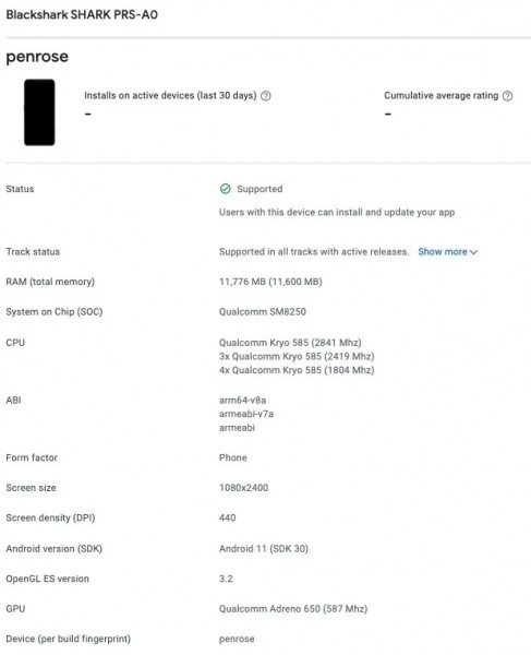 Google Play Console上出现Black Shark手机和FullHD +屏幕和12GB RAM