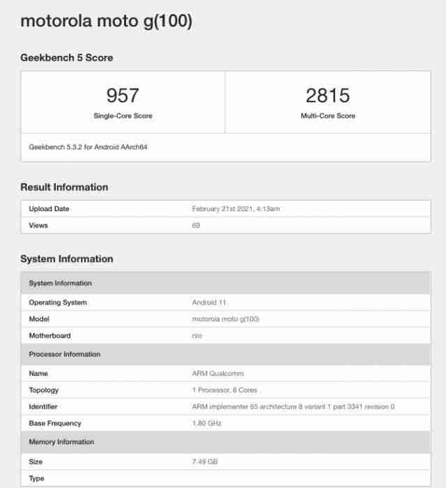摩托罗拉G100发现了Geekbench，预计是全球Moto Edge S版