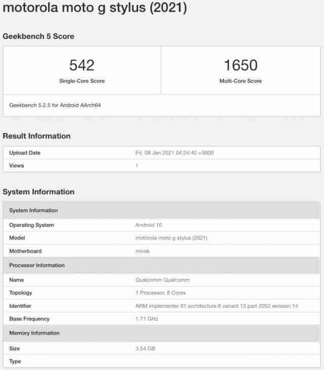 Moto G手写册（2021）用Spanddragon 678，4GB RAM闪耀着Geekbench