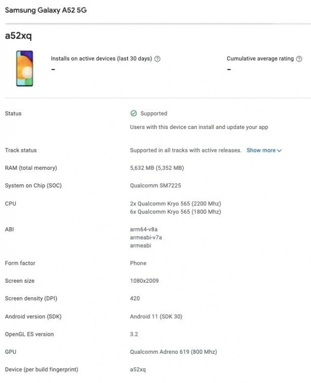 Samsung Galaxy A52 5G出现在Google Play控制台上，确认Snapdragon 750G芯片组