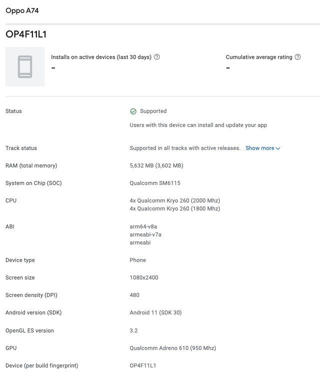 Oppo A74 4G在Google Play控制台上弹出了SD662和6GB RAM