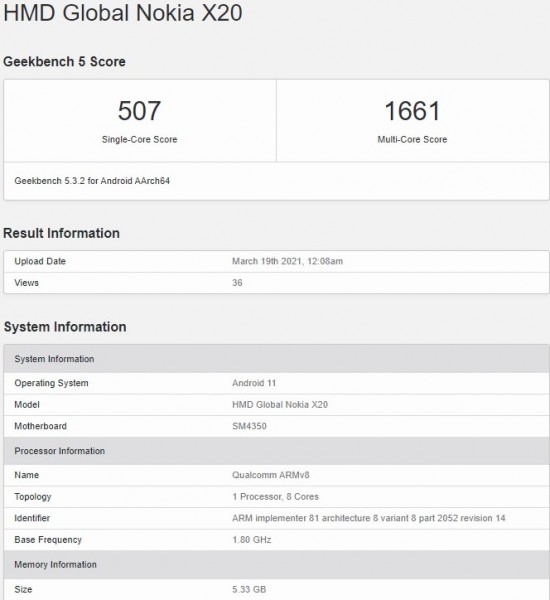 诺基亚X20用Snapdragon 480 5G SoC访问GeekBench