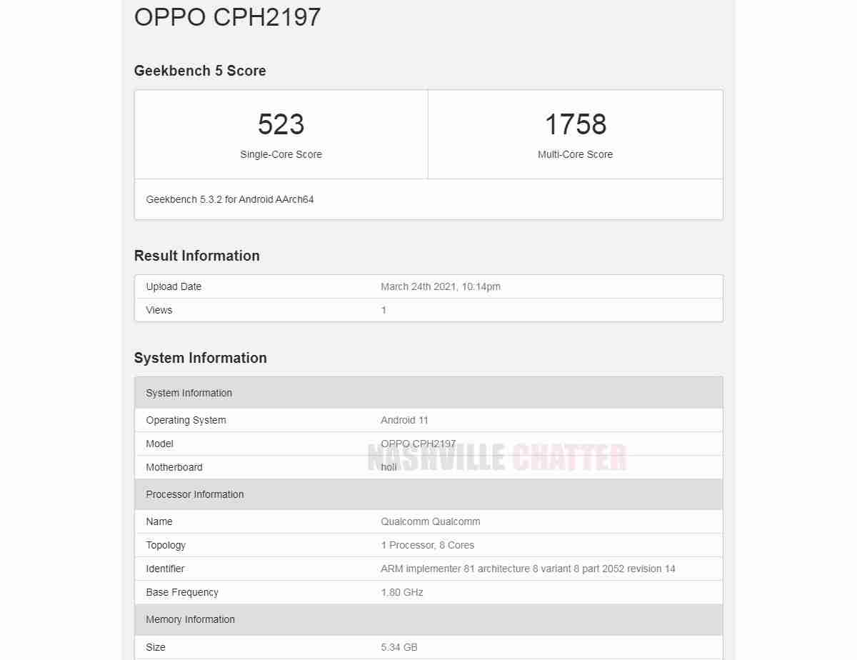 oppo A74 5G通过GeekBench与Snapdragon 480芯片组停止