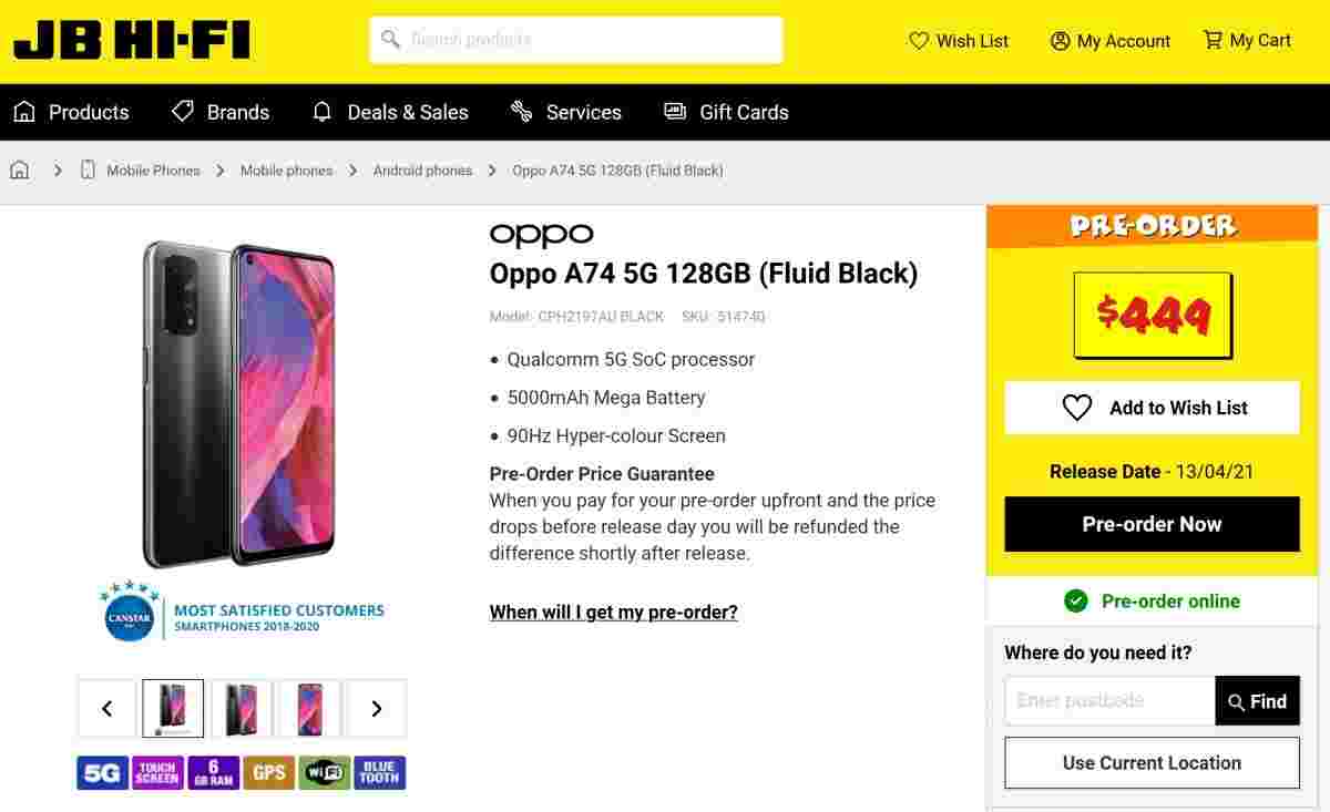 OPPO A74 5G商店列表采用90Hz LCD显示屏，以及四架相机设置和340美元的价格标签