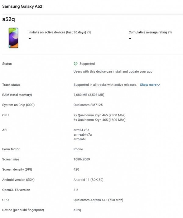三星Galaxy A52 4G出现在Google Console列表上