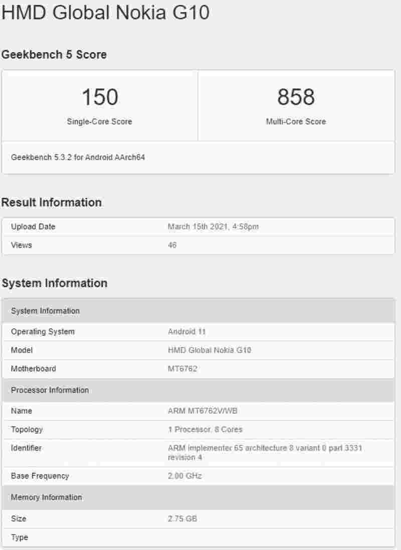 诺基亚G10在GeekBench上揭示了Helio P22芯片和3GB的RAM