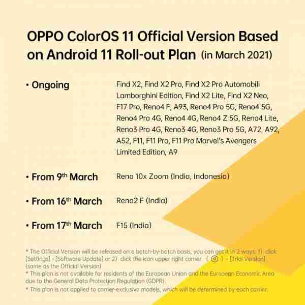 OPPO F15接收基于Android 11的Coloros 11.1稳定更新